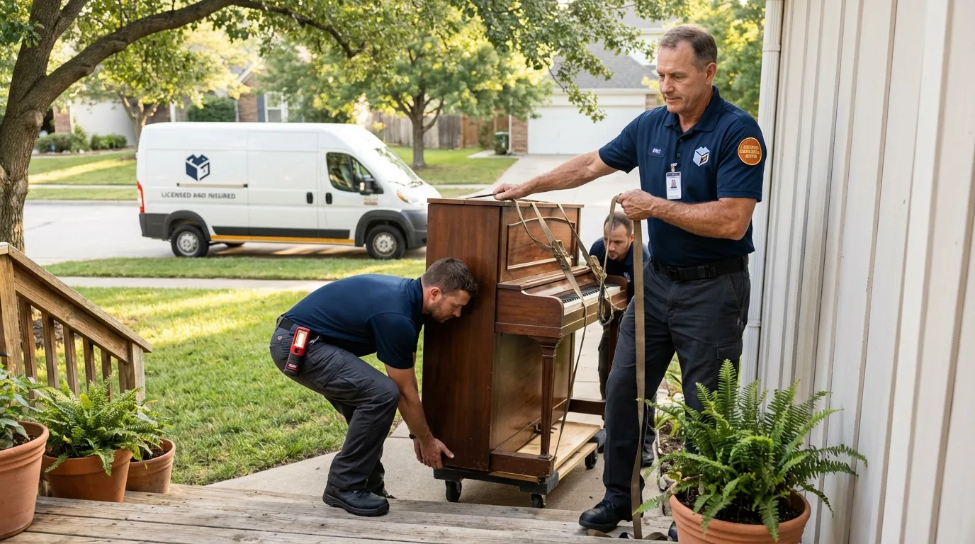 Licensed piano movers securing grand piano in Galena, MO