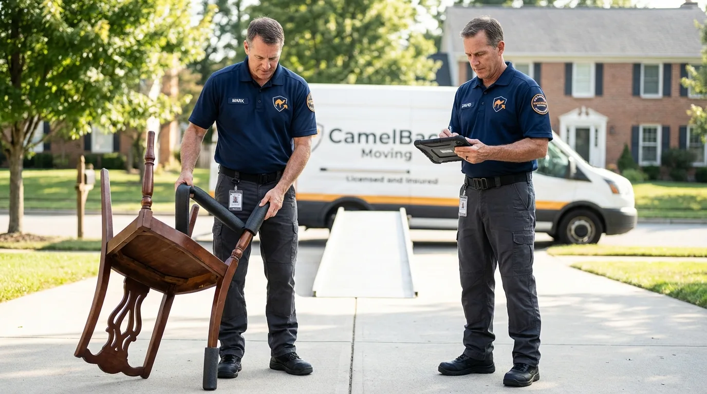 Movers inspecting furniture for damage prevention before loading in Galena, MO